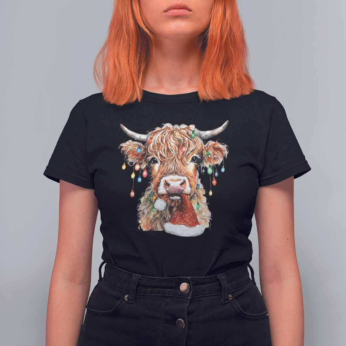 Christmas Cow T Shirt For Women Highland Cow Lights Santa Hats Farm Xmas - Wonder Print Shop
