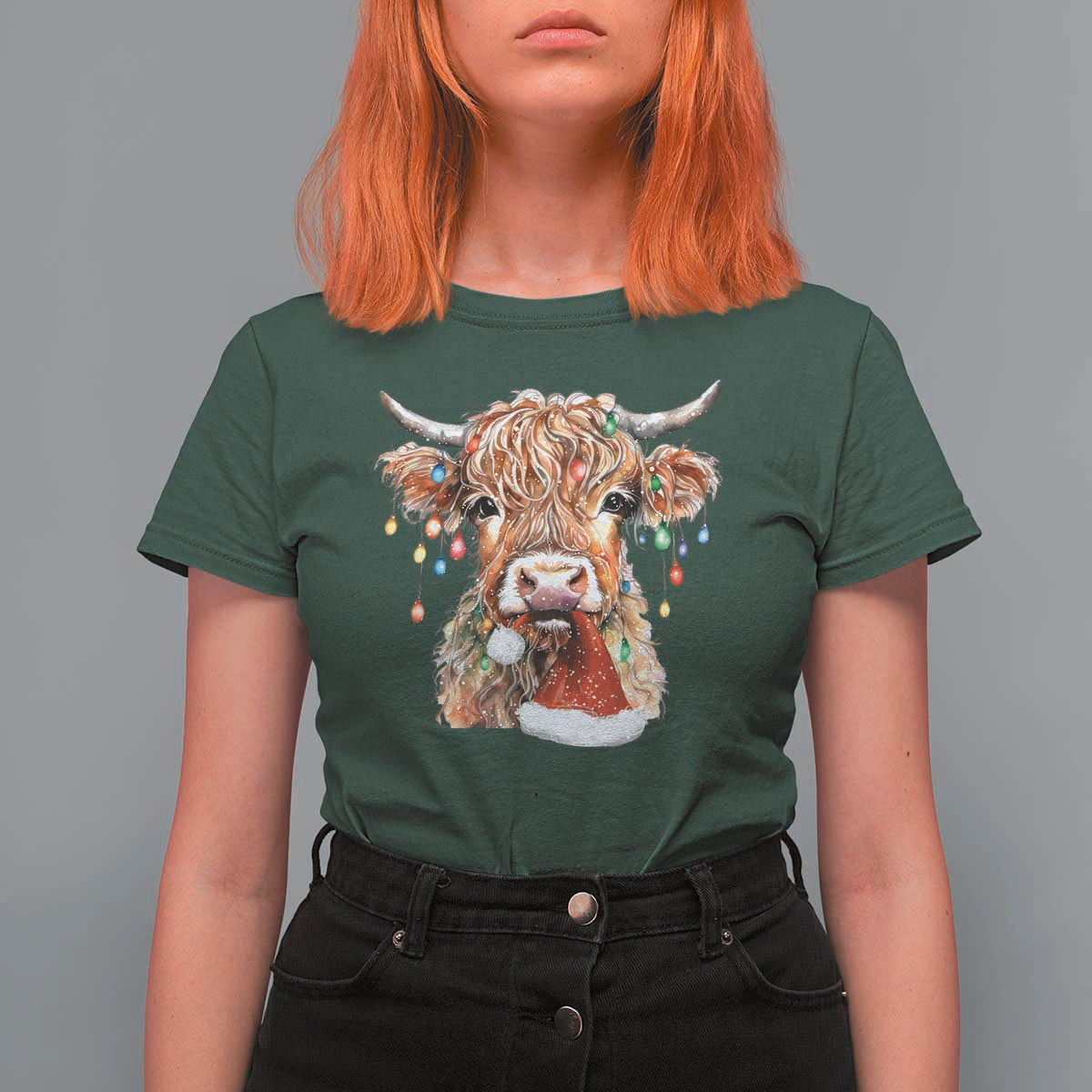 Christmas Cow T Shirt For Women Highland Cow Lights Santa Hats Farm Xmas - Wonder Print Shop
