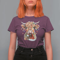 Christmas Cow T Shirt For Women Highland Cow Lights Santa Hats Farm Xmas - Wonder Print Shop
