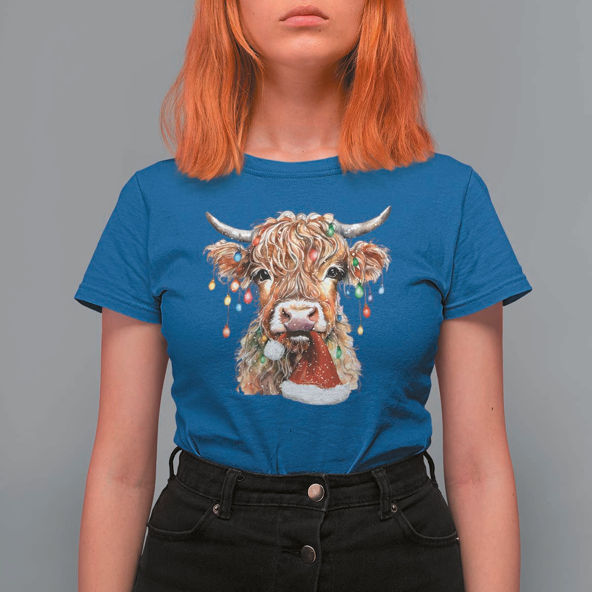 Christmas Cow T Shirt For Women Highland Cow Lights Santa Hats Farm Xmas - Wonder Print Shop