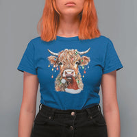 Christmas Cow T Shirt For Women Highland Cow Lights Santa Hats Farm Xmas - Wonder Print Shop
