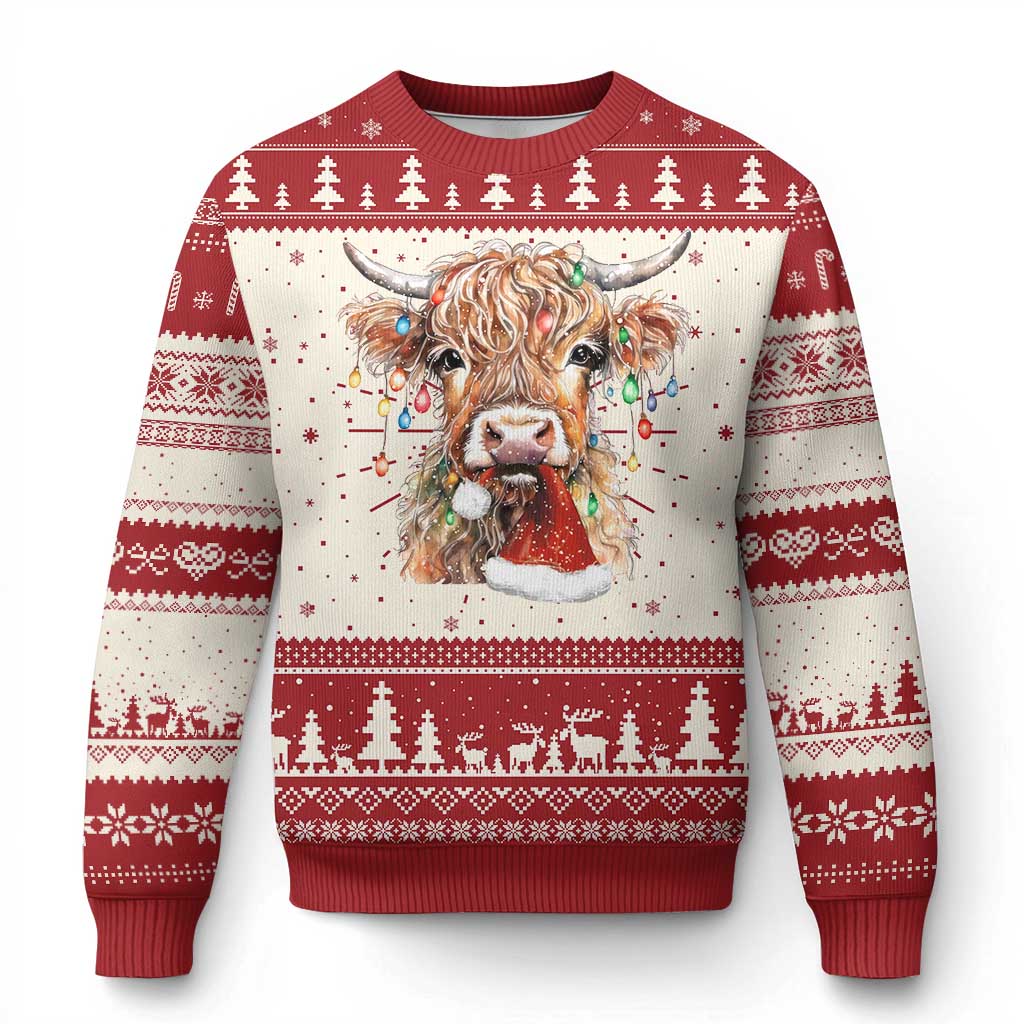 Xmas Cow Ugly Christmas Sweater Highland Cow Lights Santa Hats Farm Xmas - Wonder Print Shop