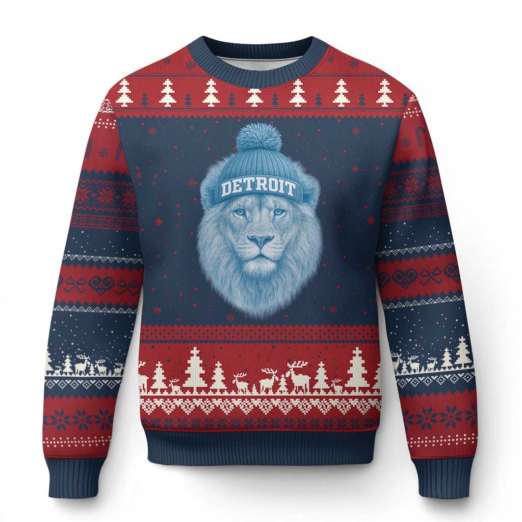 Detroit Football Ugly Christmas Sweater Retro Lions Mascot Sport Fan - Wonder Print Shop