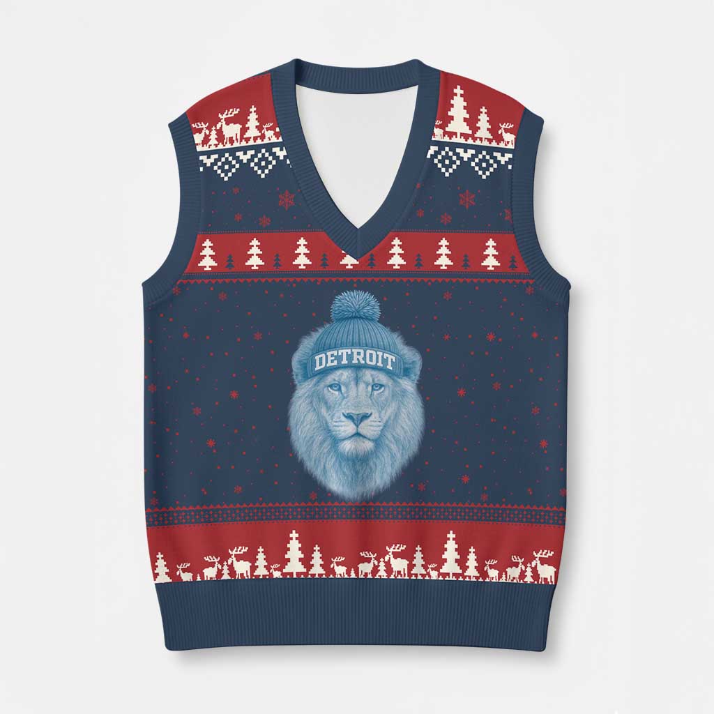 Detroit Football V-Neck Knit Sweater Vest Retro Lions Mascot Sport Fan - Wonder Print Shop