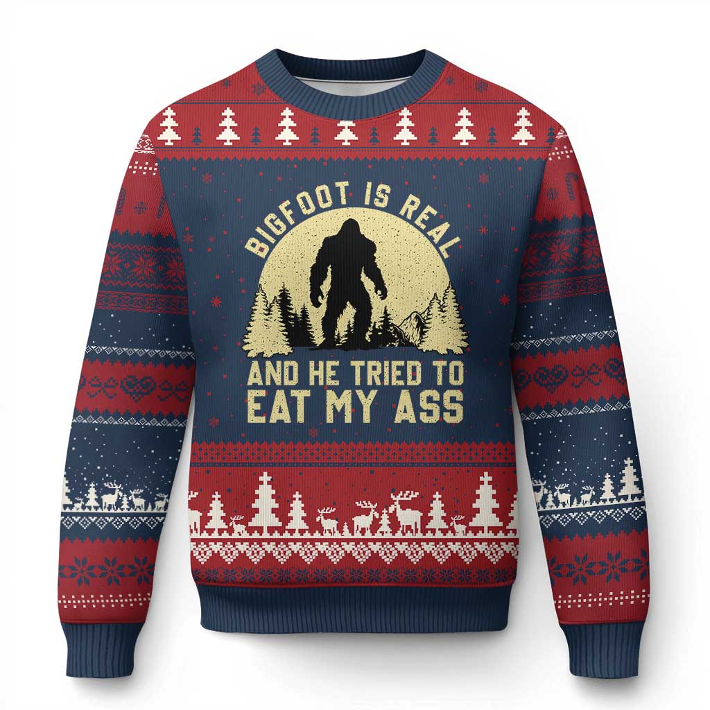 Funny Bigfoot Ugly Christmas Sweater Sasquatch Big Foot Eat My Ass Vintage Cryptid Meme - Wonder Print Shop