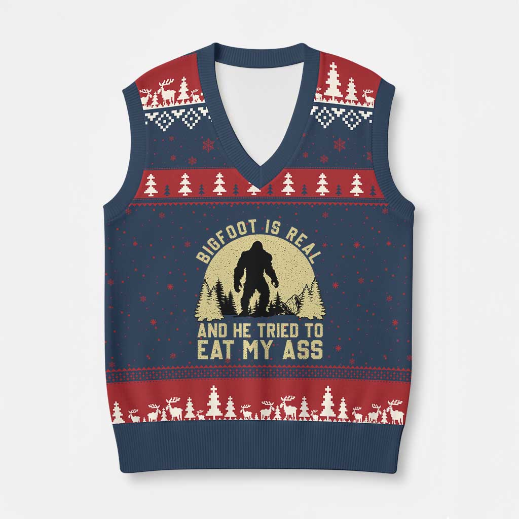 Funny Bigfoot V-Neck Knit Sweater Vest Sasquatch Big Foot Eat My Ass Vintage Cryptid Meme - Wonder Print Shop