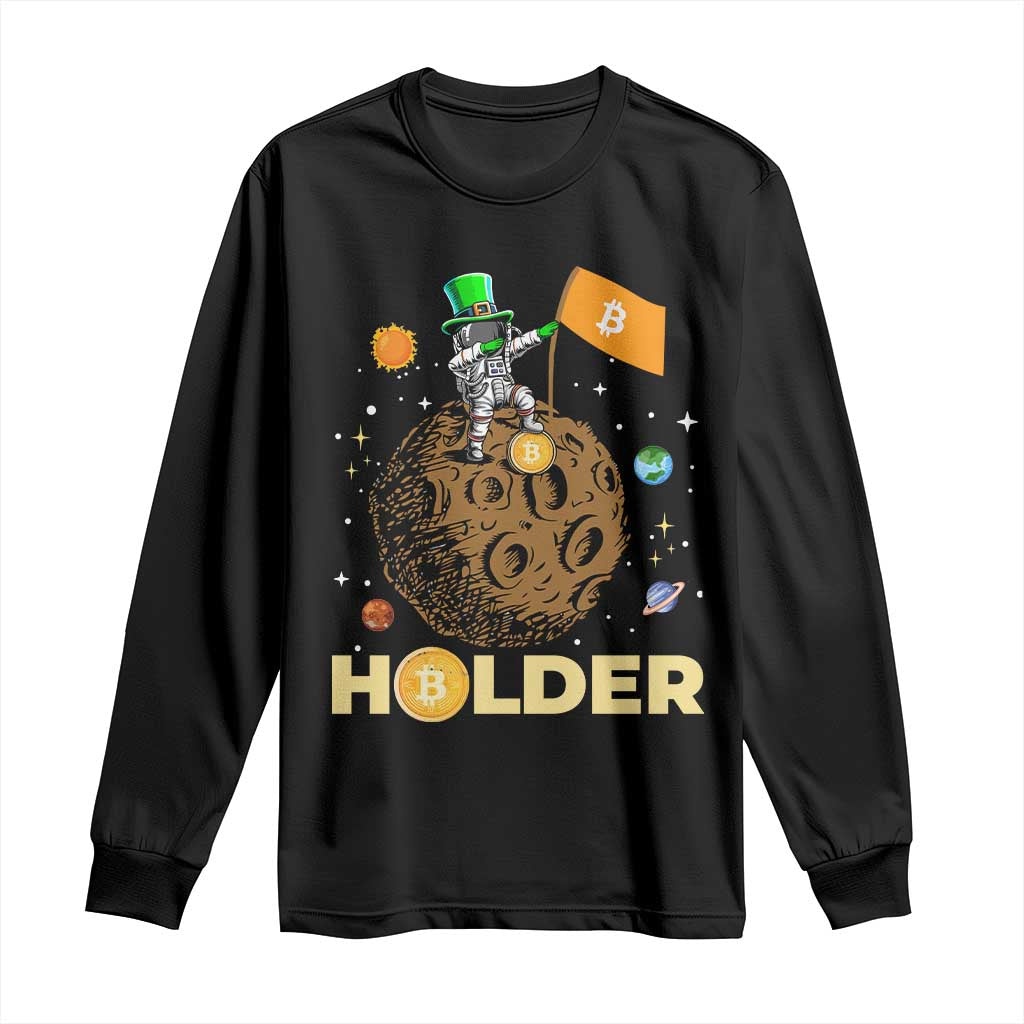 St Patricks Day Bitcoin Astronaut Long Sleeve Shirt Lucky Shamrock Leprechaun BTC Crypto To The Moon