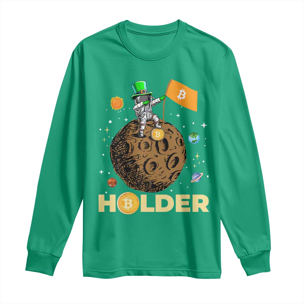 St Patricks Day Bitcoin Astronaut Long Sleeve Shirt Lucky Shamrock Leprechaun BTC Crypto To The Moon
