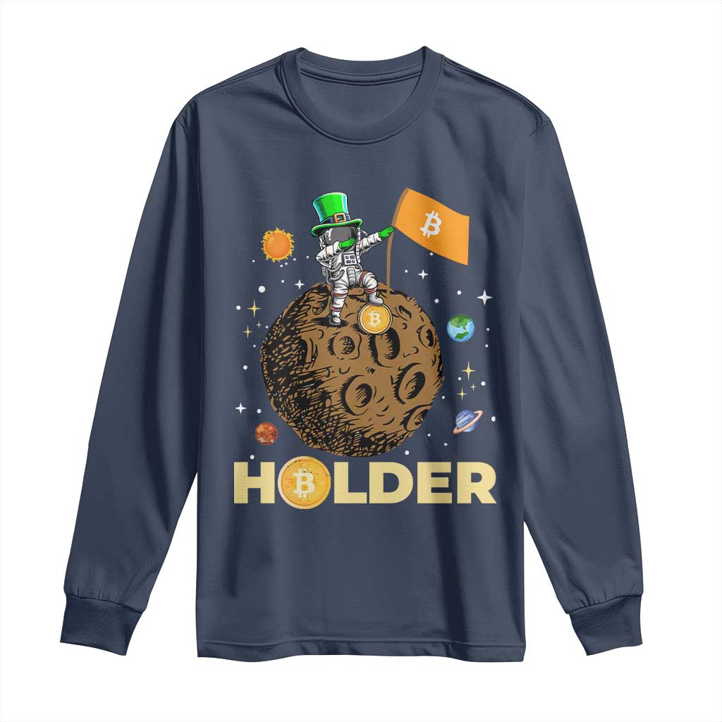 St Patricks Day Bitcoin Astronaut Long Sleeve Shirt Lucky Shamrock Leprechaun BTC Crypto To The Moon