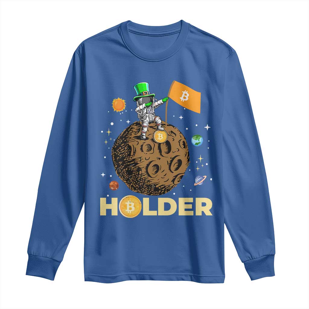 St Patricks Day Bitcoin Astronaut Long Sleeve Shirt Lucky Shamrock Leprechaun BTC Crypto To The Moon