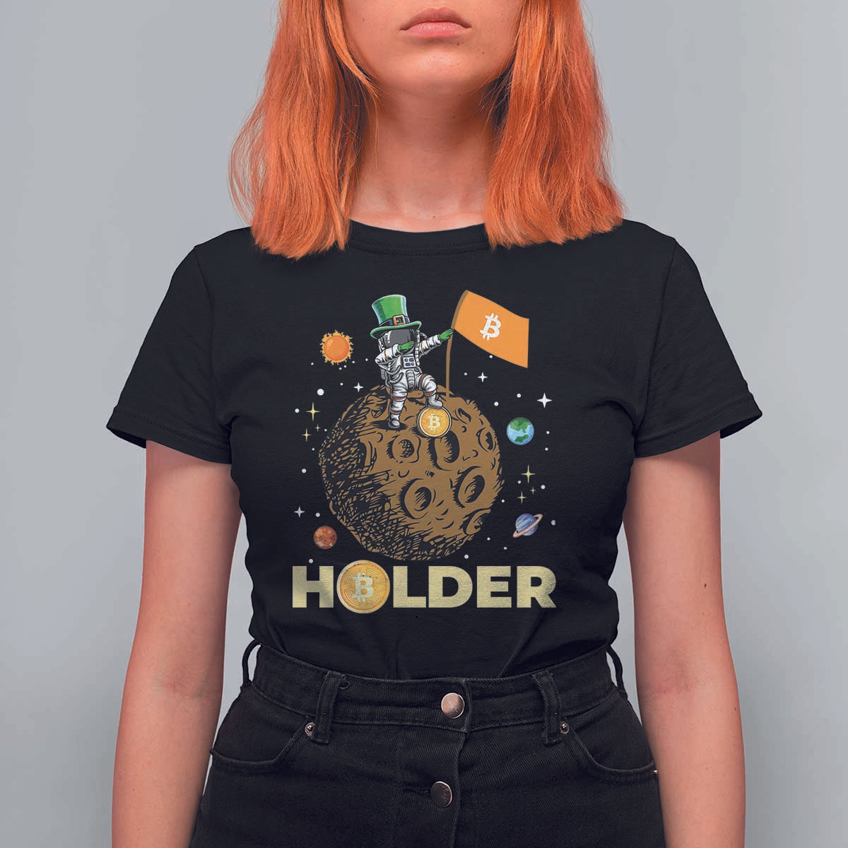 St Patricks Day Bitcoin Astronaut T Shirt For Women Lucky Shamrock Leprechaun BTC Crypto To The Moon