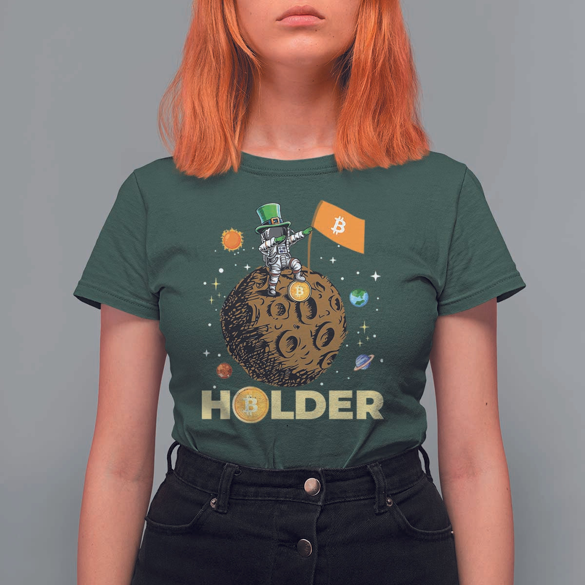 St Patricks Day Bitcoin Astronaut T Shirt For Women Lucky Shamrock Leprechaun BTC Crypto To The Moon