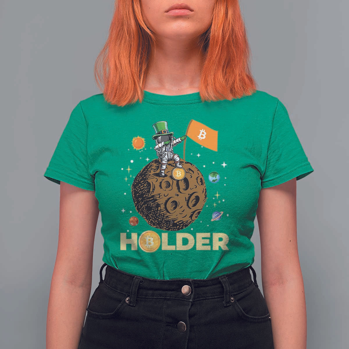 St Patricks Day Bitcoin Astronaut T Shirt For Women Lucky Shamrock Leprechaun BTC Crypto To The Moon