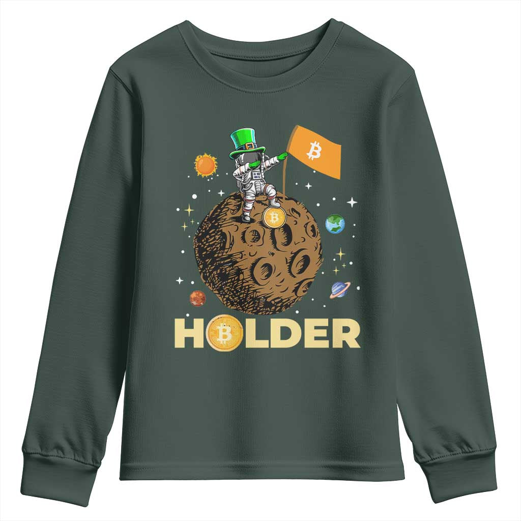 St Patricks Day Bitcoin Astronaut Youth Sweatshirt Lucky Shamrock Leprechaun BTC Crypto To The Moon