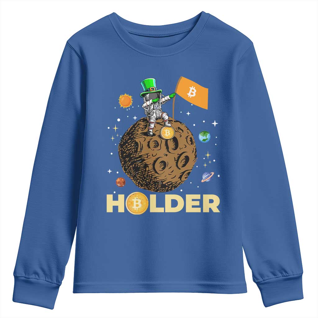 St Patricks Day Bitcoin Astronaut Youth Sweatshirt Lucky Shamrock Leprechaun BTC Crypto To The Moon