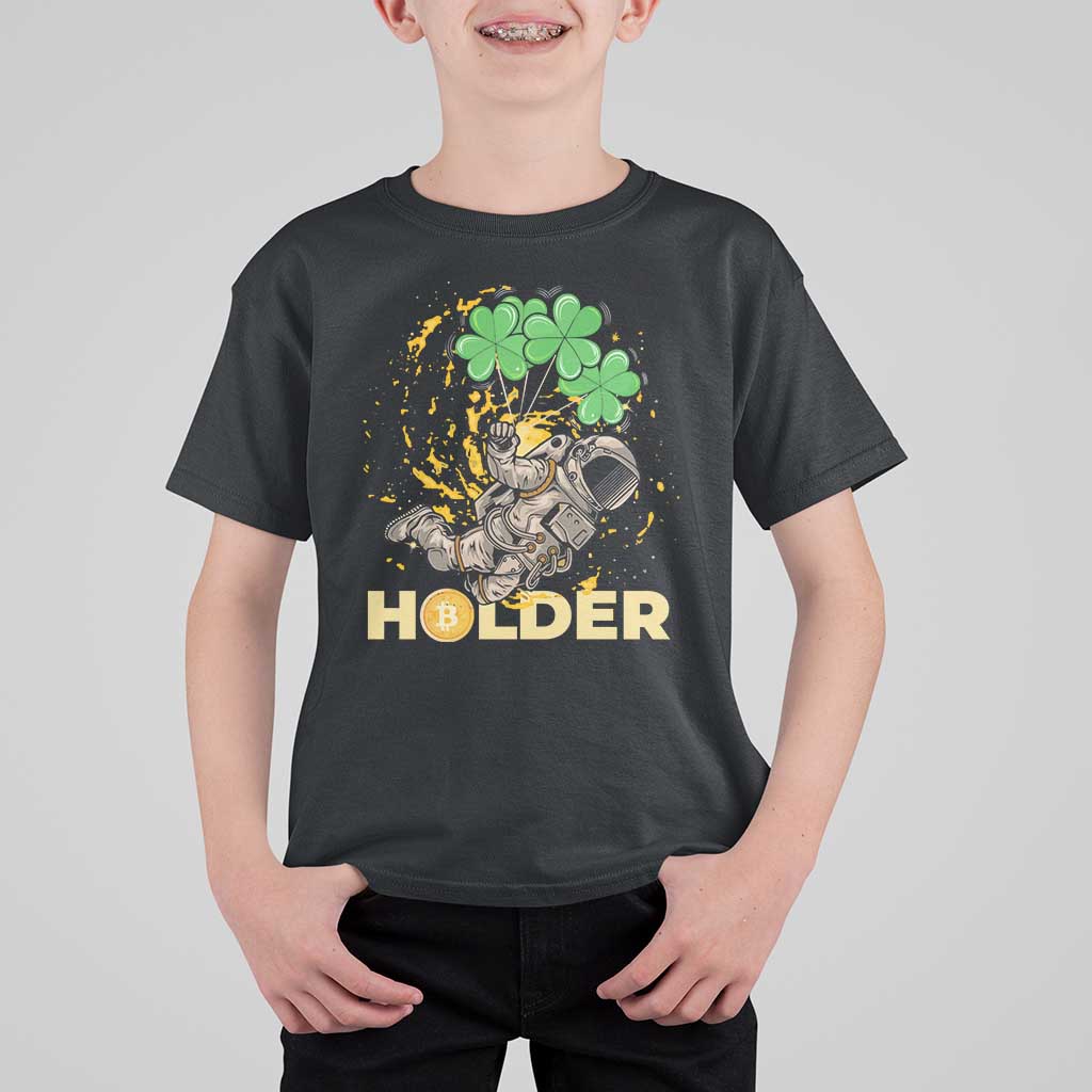 St Patricks Day Bitcoin Astronaut T Shirt For Kid Lucky Shamrock Leprechaun BTC Crypto Holder
