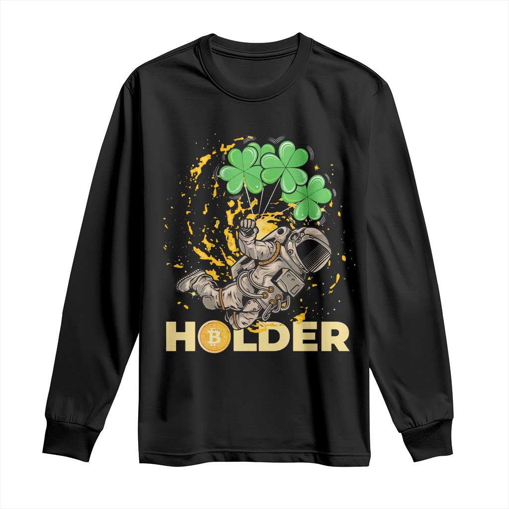 St Patricks Day Bitcoin Astronaut Long Sleeve Shirt Lucky Shamrock Leprechaun BTC Crypto Holder