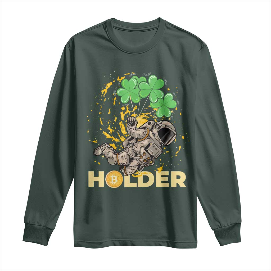 St Patricks Day Bitcoin Astronaut Long Sleeve Shirt Lucky Shamrock Leprechaun BTC Crypto Holder