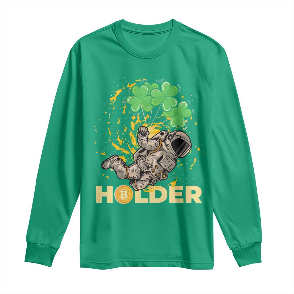 St Patricks Day Bitcoin Astronaut Long Sleeve Shirt Lucky Shamrock Leprechaun BTC Crypto Holder