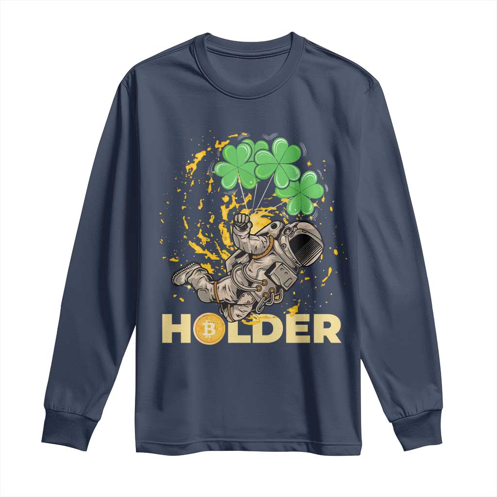 St Patricks Day Bitcoin Astronaut Long Sleeve Shirt Lucky Shamrock Leprechaun BTC Crypto Holder