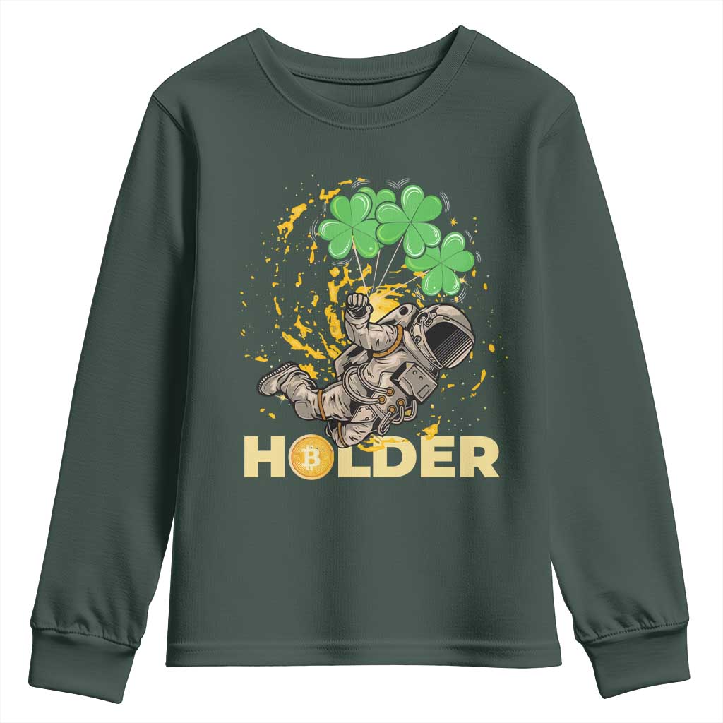 St Patricks Day Bitcoin Astronaut Youth Sweatshirt Lucky Shamrock Leprechaun BTC Crypto Holder