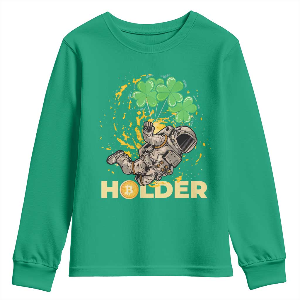 St Patricks Day Bitcoin Astronaut Youth Sweatshirt Lucky Shamrock Leprechaun BTC Crypto Holder