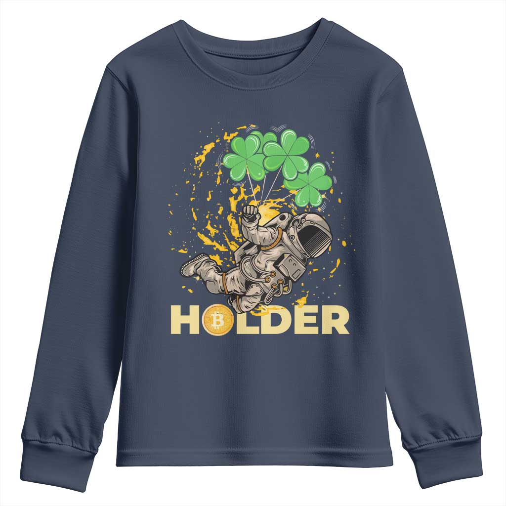 St Patricks Day Bitcoin Astronaut Youth Sweatshirt Lucky Shamrock Leprechaun BTC Crypto Holder