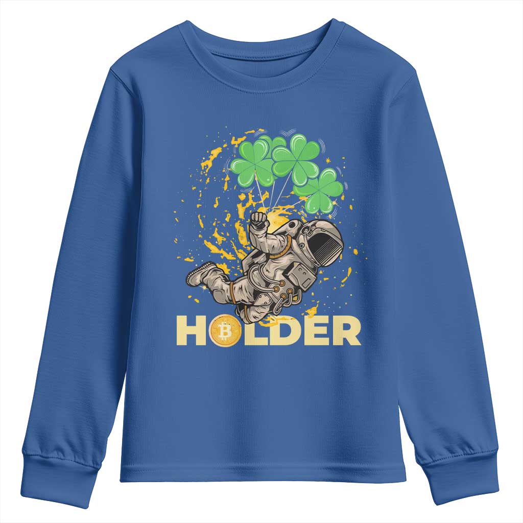 St Patricks Day Bitcoin Astronaut Youth Sweatshirt Lucky Shamrock Leprechaun BTC Crypto Holder