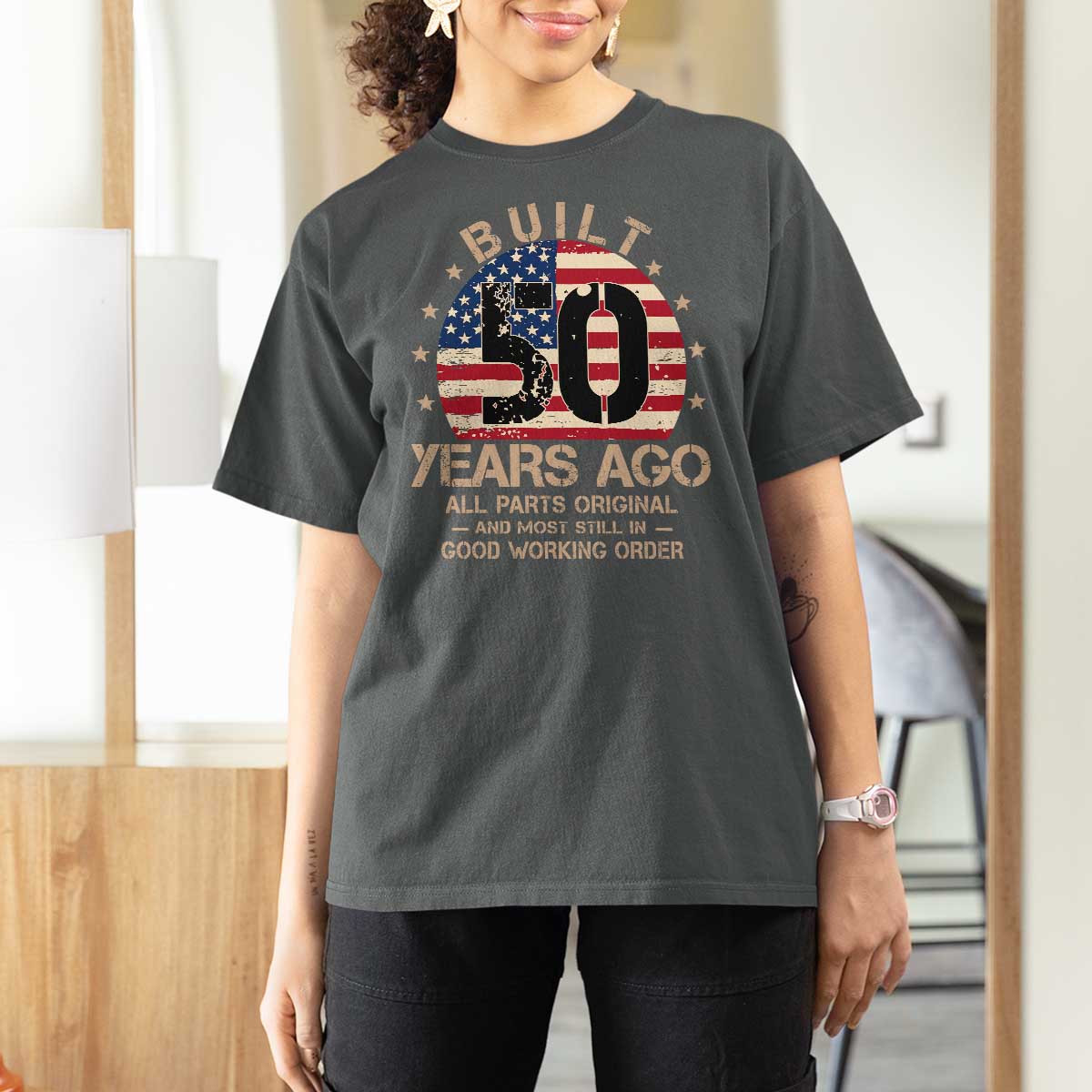 Funny 50th Birthday T Shirt For Women Vintage US Flag Built 50 Years Ago Parts Original