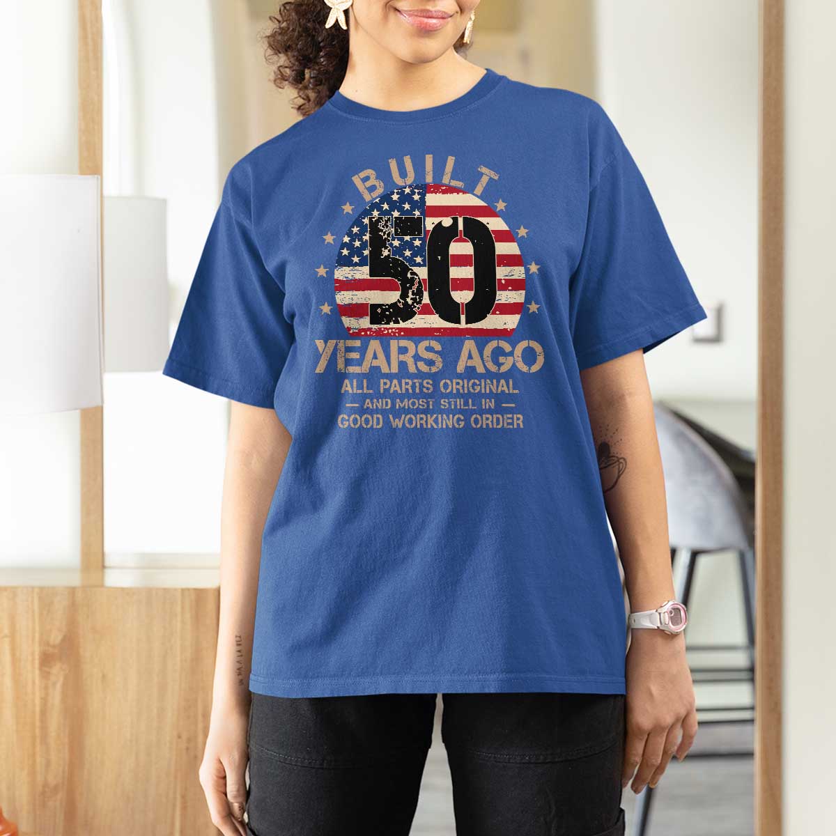 Funny 50th Birthday T Shirt For Women Vintage US Flag Built 50 Years Ago Parts Original
