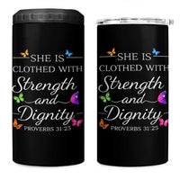 Christian Jesus 4 in 1 Can Cooler Tumbler Strength Dignity Encouraging Bible Verse Proverb Butterfly Art