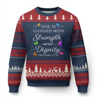 Christian Jesus Ugly Christmas Sweater Strength Dignity Encouraging Bible Verse Proverb Butterfly Art