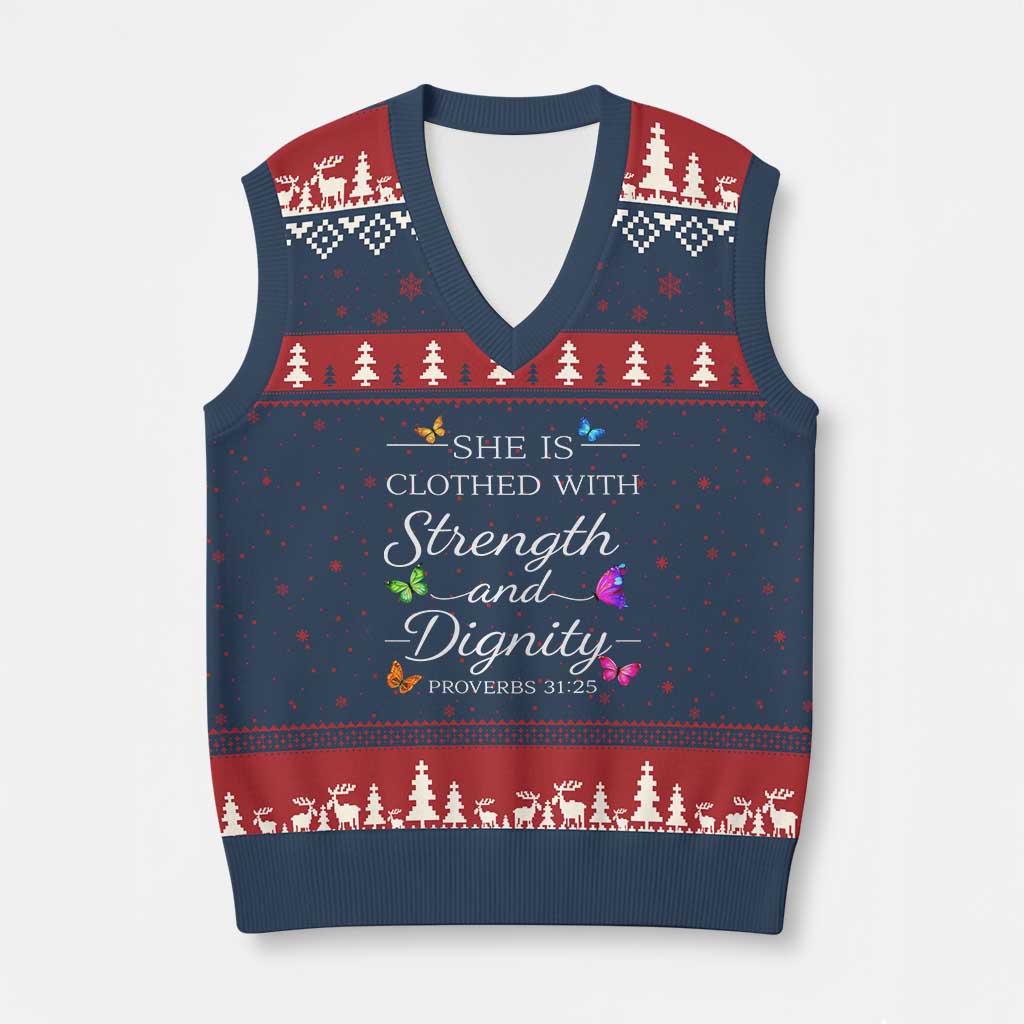 Christian Jesus V-Neck Knit Sweater Vest Strength Dignity Encouraging Bible Verse Proverb Butterfly Art
