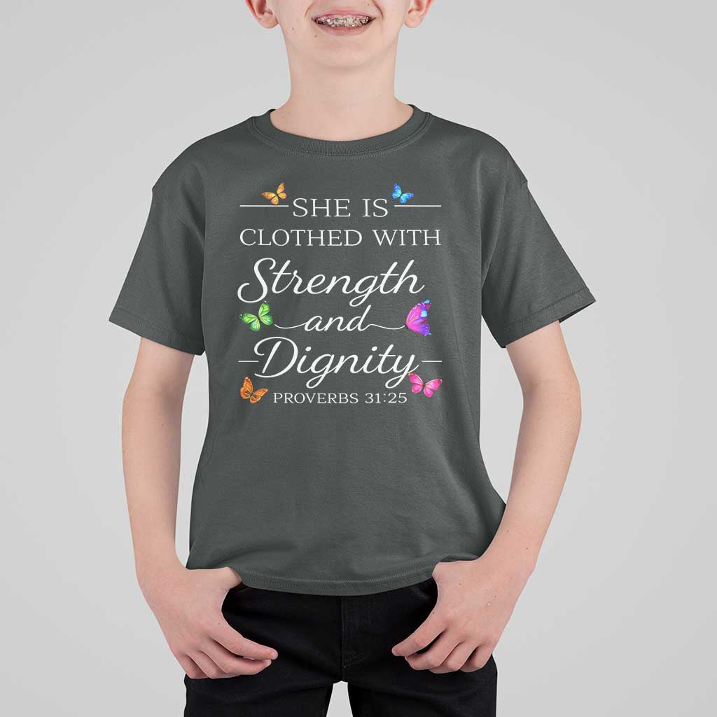 Christian Jesus T Shirt For Kid Strength Dignity Encouraging Bible Verse Proverb Butterfly Art