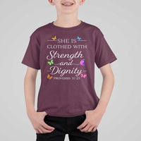 Christian Jesus T Shirt For Kid Strength Dignity Encouraging Bible Verse Proverb Butterfly Art
