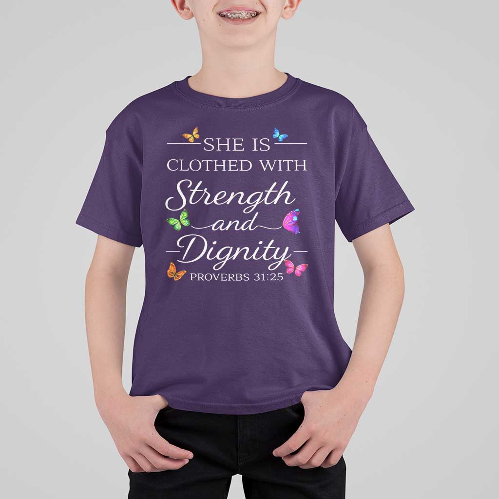 Christian Jesus T Shirt For Kid Strength Dignity Encouraging Bible Verse Proverb Butterfly Art