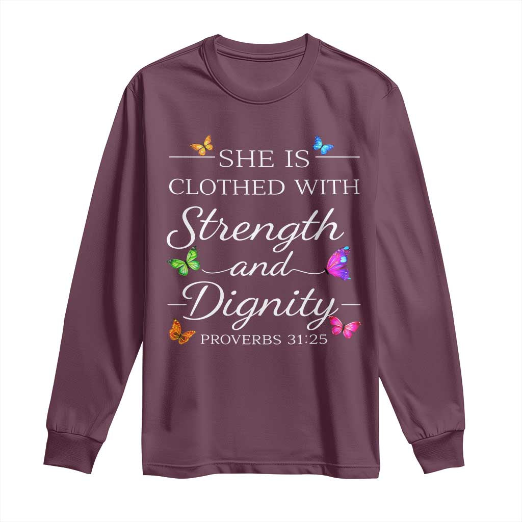Christian Jesus Long Sleeve Shirt Strength Dignity Encouraging Bible Verse Proverb Butterfly Art