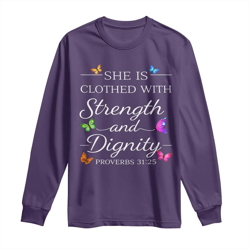 Christian Jesus Long Sleeve Shirt Strength Dignity Encouraging Bible Verse Proverb Butterfly Art