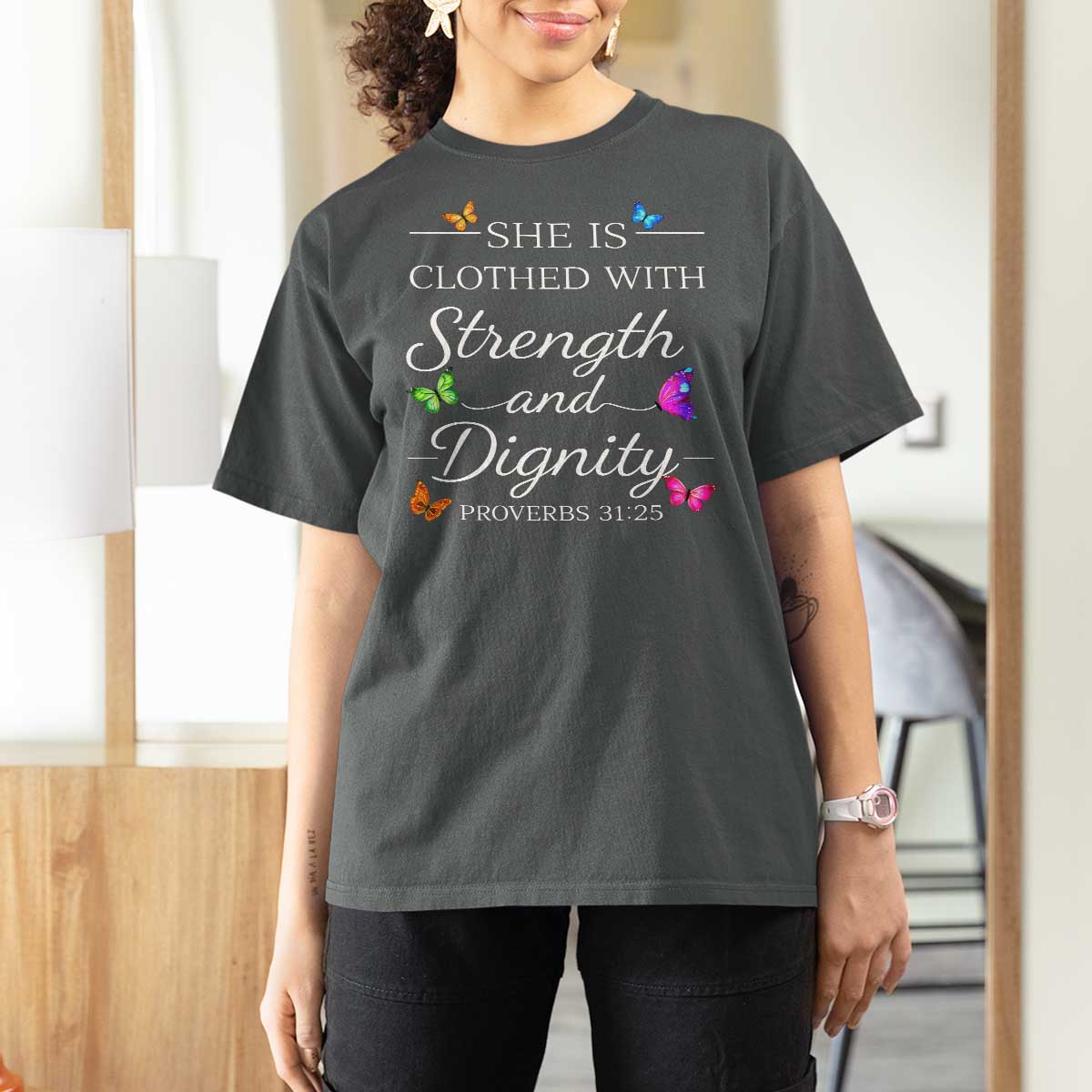 Christian Jesus T Shirt For Women Strength Dignity Encouraging Bible Verse Proverb Butterfly Art