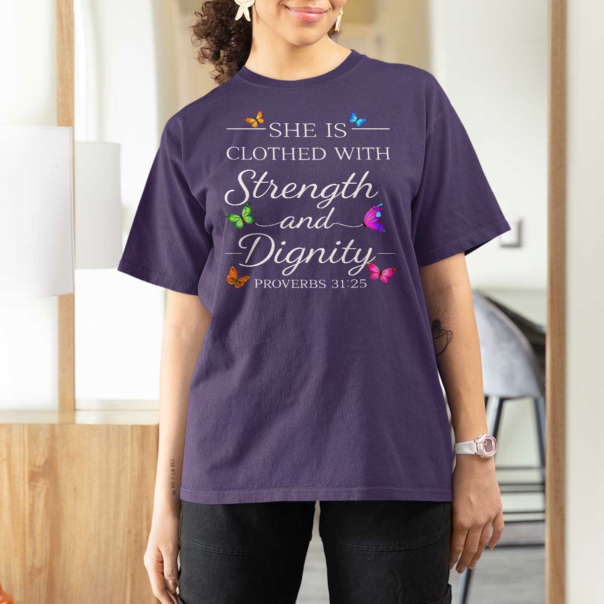 Christian Jesus T Shirt For Women Strength Dignity Encouraging Bible Verse Proverb Butterfly Art