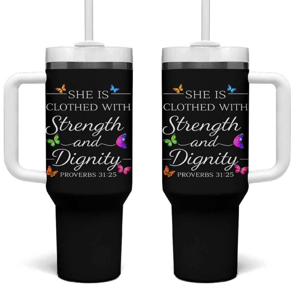 Christian Jesus Tumbler With Handle Strength Dignity Encouraging Bible Verse Proverb Butterfly Art