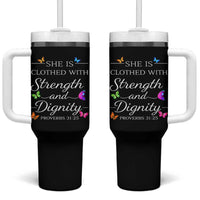 Christian Jesus Tumbler With Handle Strength Dignity Encouraging Bible Verse Proverb Butterfly Art