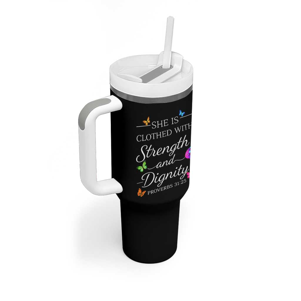Christian Jesus Tumbler With Handle Strength Dignity Encouraging Bible Verse Proverb Butterfly Art