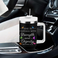 Christian Jesus Tumbler With Handle Strength Dignity Encouraging Bible Verse Proverb Butterfly Art