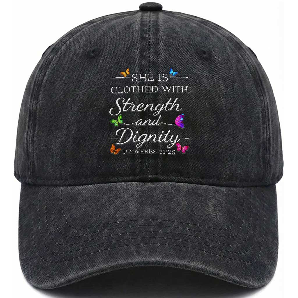 Christian Jesus Washed Cotton Baseball Cap Strength Dignity Encouraging Bible Verse Proverb Butterfly Art