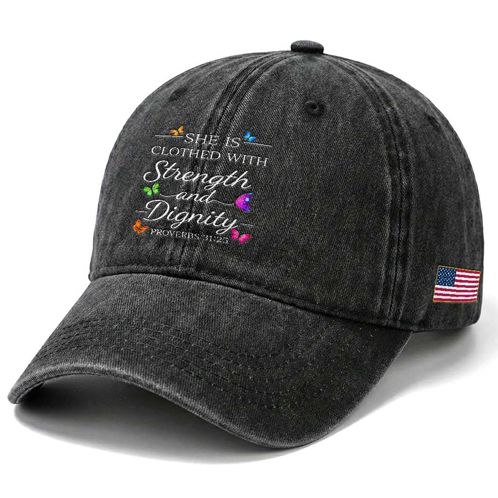 Christian Jesus Washed Cotton Baseball Cap Strength Dignity Encouraging Bible Verse Proverb Butterfly Art