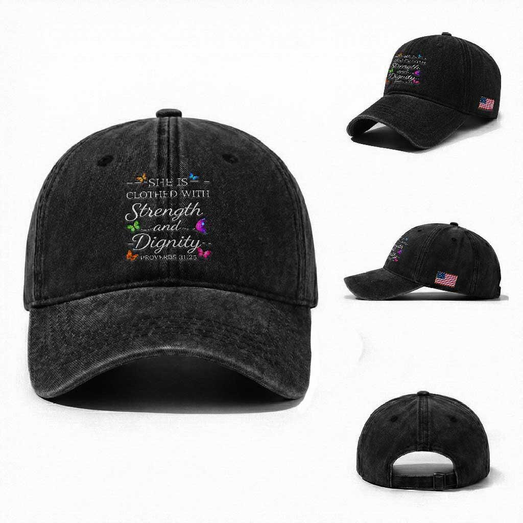 Christian Jesus Washed Cotton Baseball Cap Strength Dignity Encouraging Bible Verse Proverb Butterfly Art