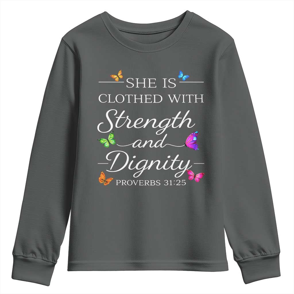 Christian Jesus Youth Sweatshirt Strength Dignity Encouraging Bible Verse Proverb Butterfly Art