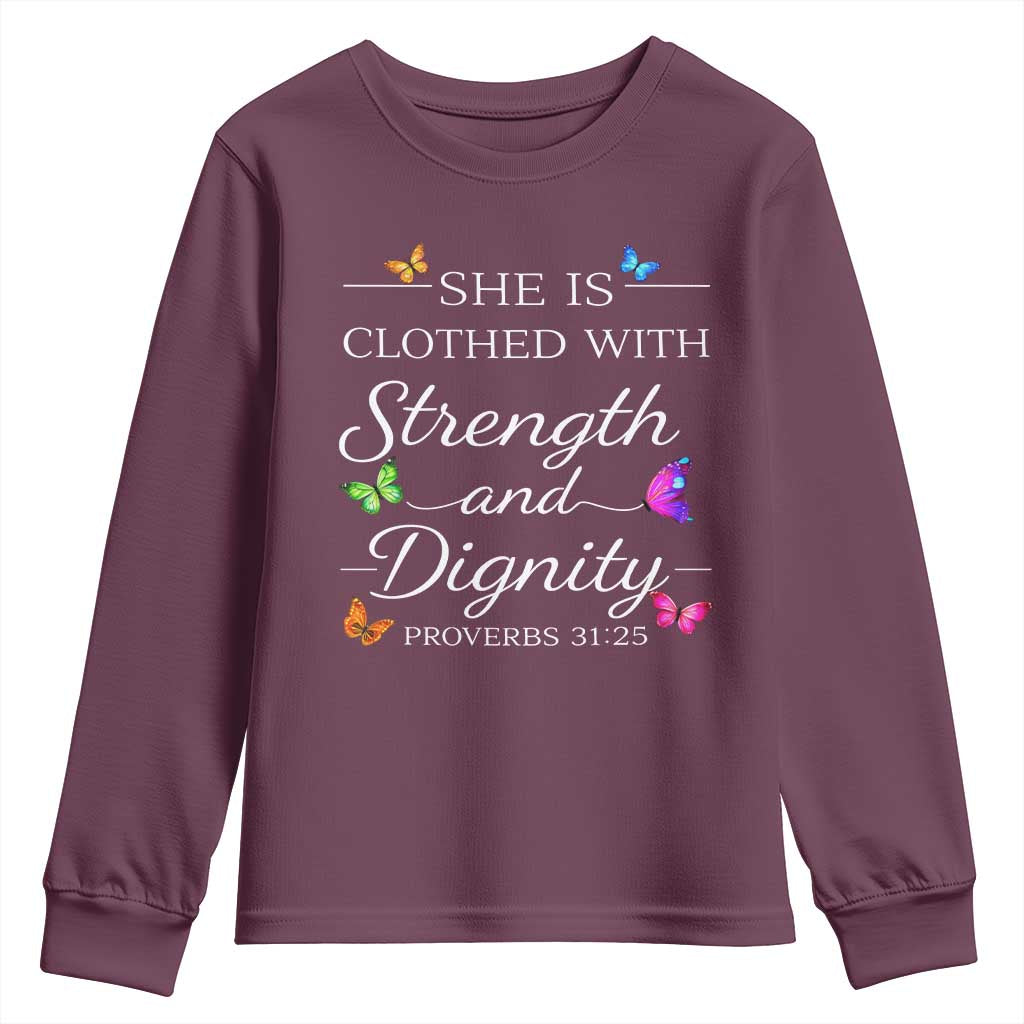 Christian Jesus Youth Sweatshirt Strength Dignity Encouraging Bible Verse Proverb Butterfly Art