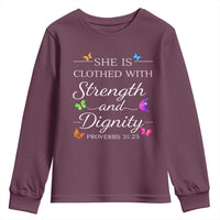 Christian Jesus Youth Sweatshirt Strength Dignity Encouraging Bible Verse Proverb Butterfly Art